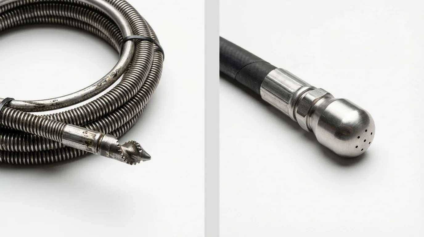 Drain snake cable and hydro jetting nozzle used for drain cleaning in Jeffersonville, GA