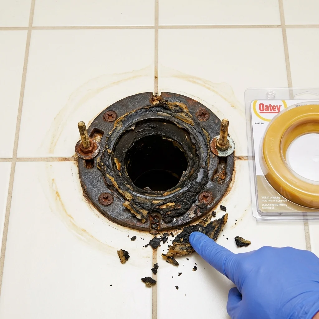 Failed wax ring showing water seepage at the base of a toilet in a Jeffersonville, GA home