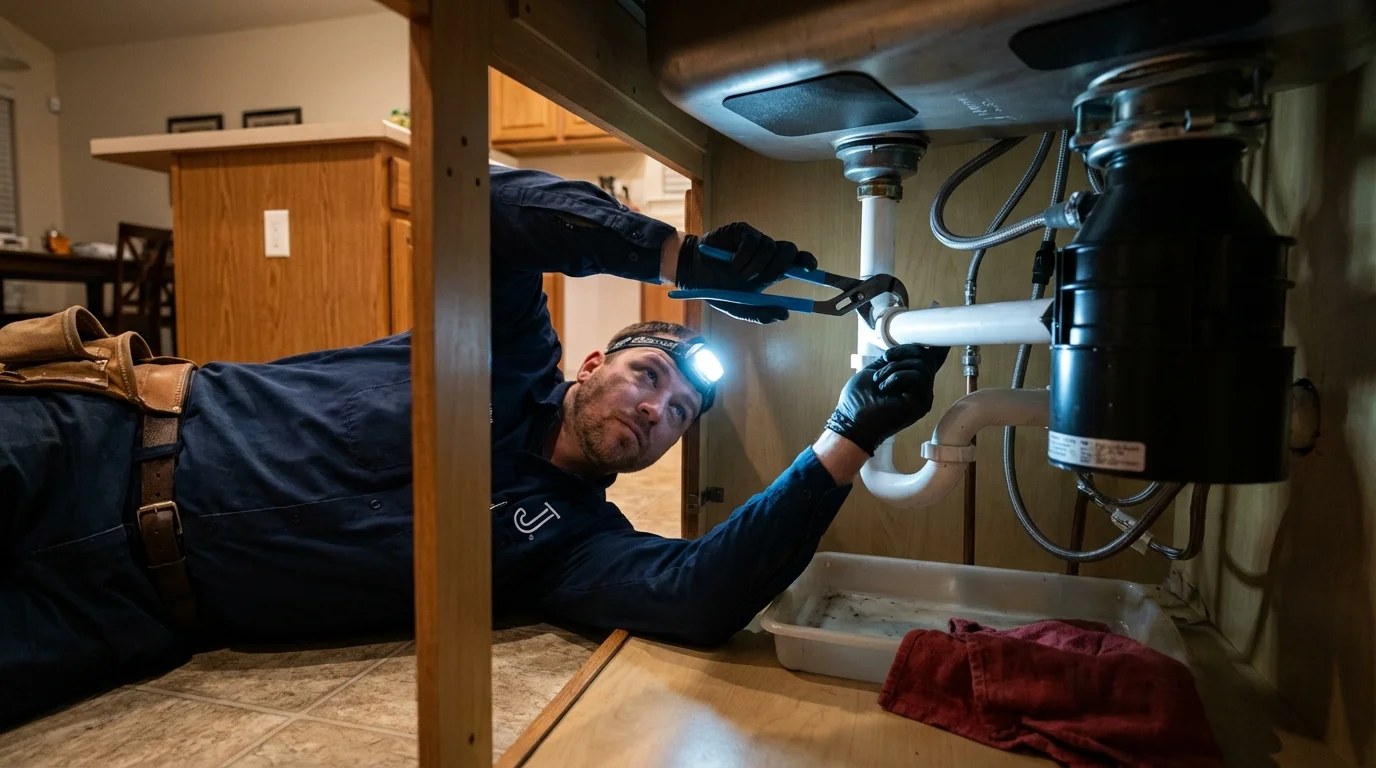 P-trap and supply line connections under a kitchen sink showing a common leak point in Jeffersonville, GA
